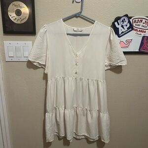 Mango Cream/White V-Neck Tiered Dress